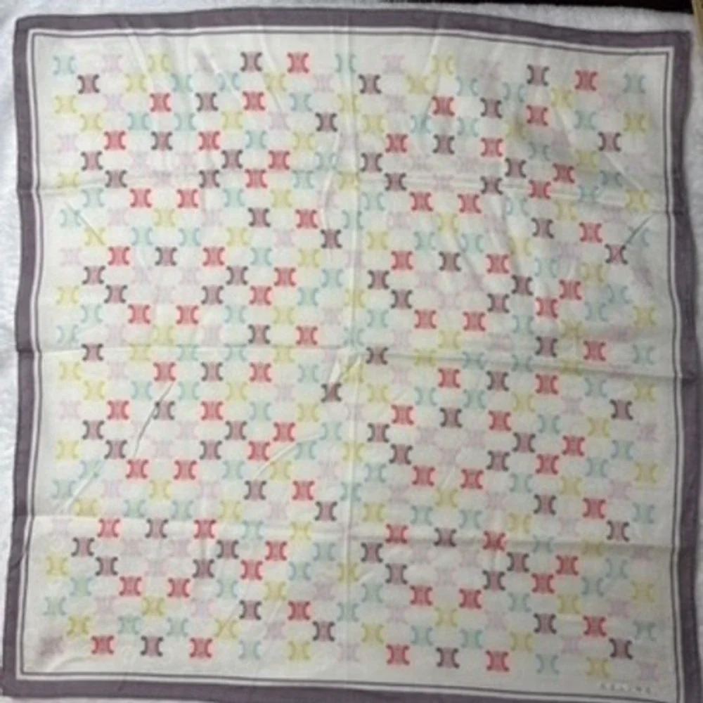 Vtg CELINE Scarf Handkerchief Macadam Logo Print Multicolor White 21.5